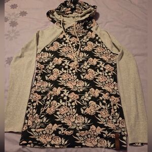 Ampersand Avenue Black, Cteam & Pink Floral Double Hooded Hoodie Size Small